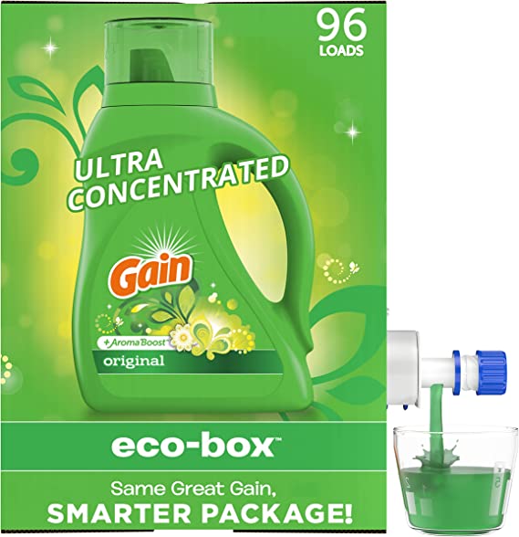 Gain Laundry Detergent Liquid Soap Eco-Box, Ultra Concentrated High Efficiency (HE), Original Scent, 96 Loads